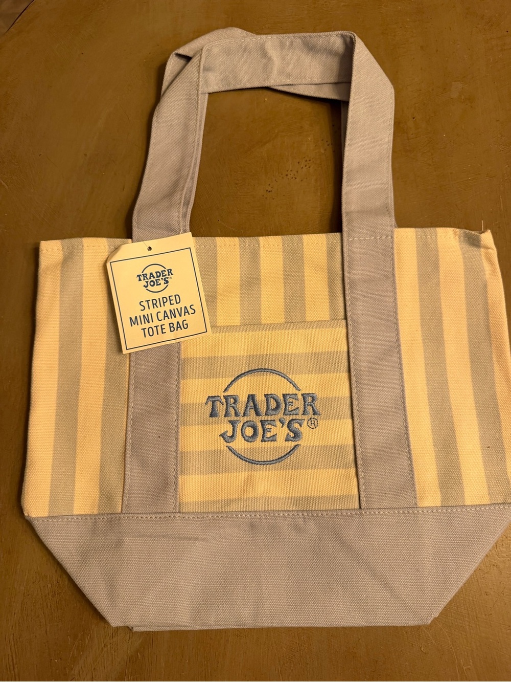 NWT rare Trader Joe's Striped Mini Canvas Tote Bag - beige light blue striped